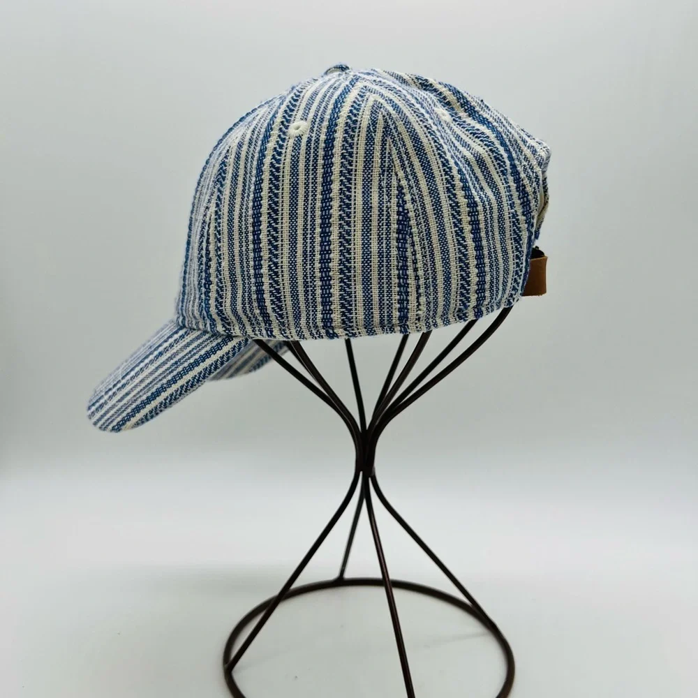 Madewell Navy and Cream Striped Ball cap with Adjustable Leather Strap